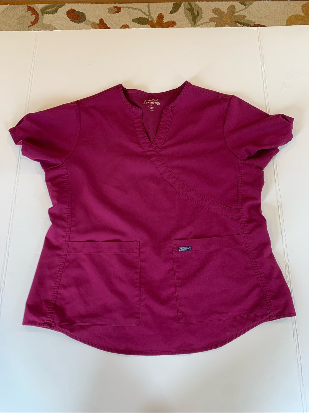 Sanibel Scrub Womens Large V-Neck Faux Wrap Crossover Maroon Scrub Top